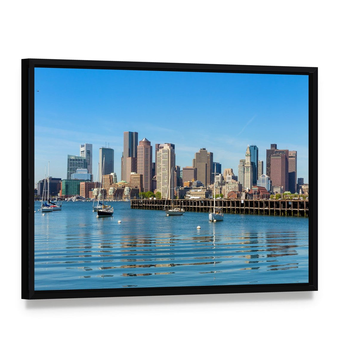 Boston Harbor Skyline Canvas Wall Art, framed canvas in a black floater frame, angled product view