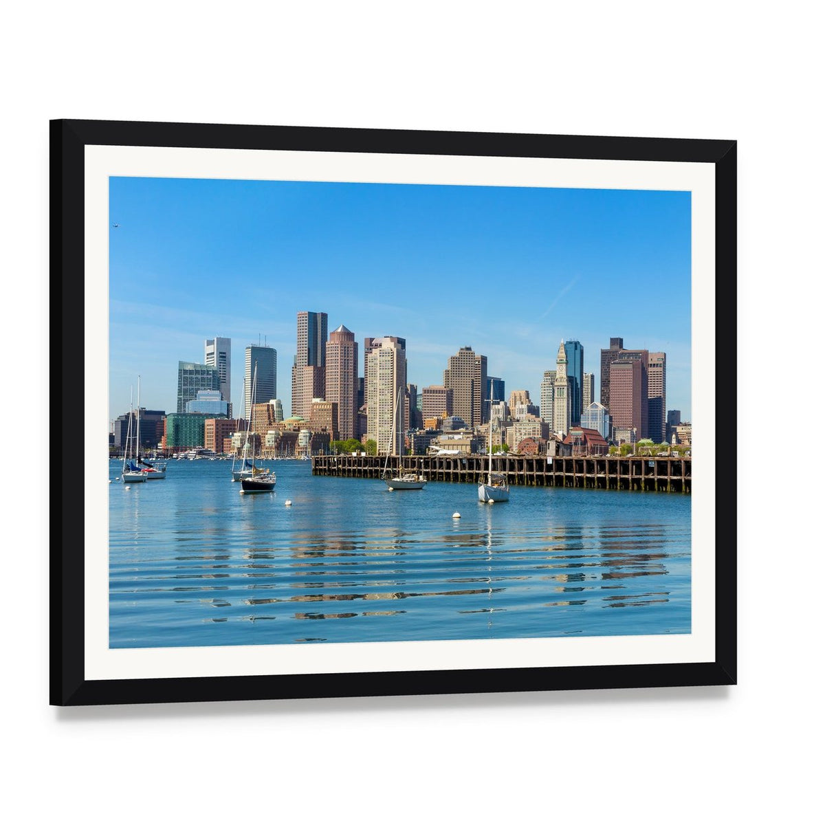 Boston Harbor Skyline Canvas Wall Art, framed print with white mat and black frame, angled product view