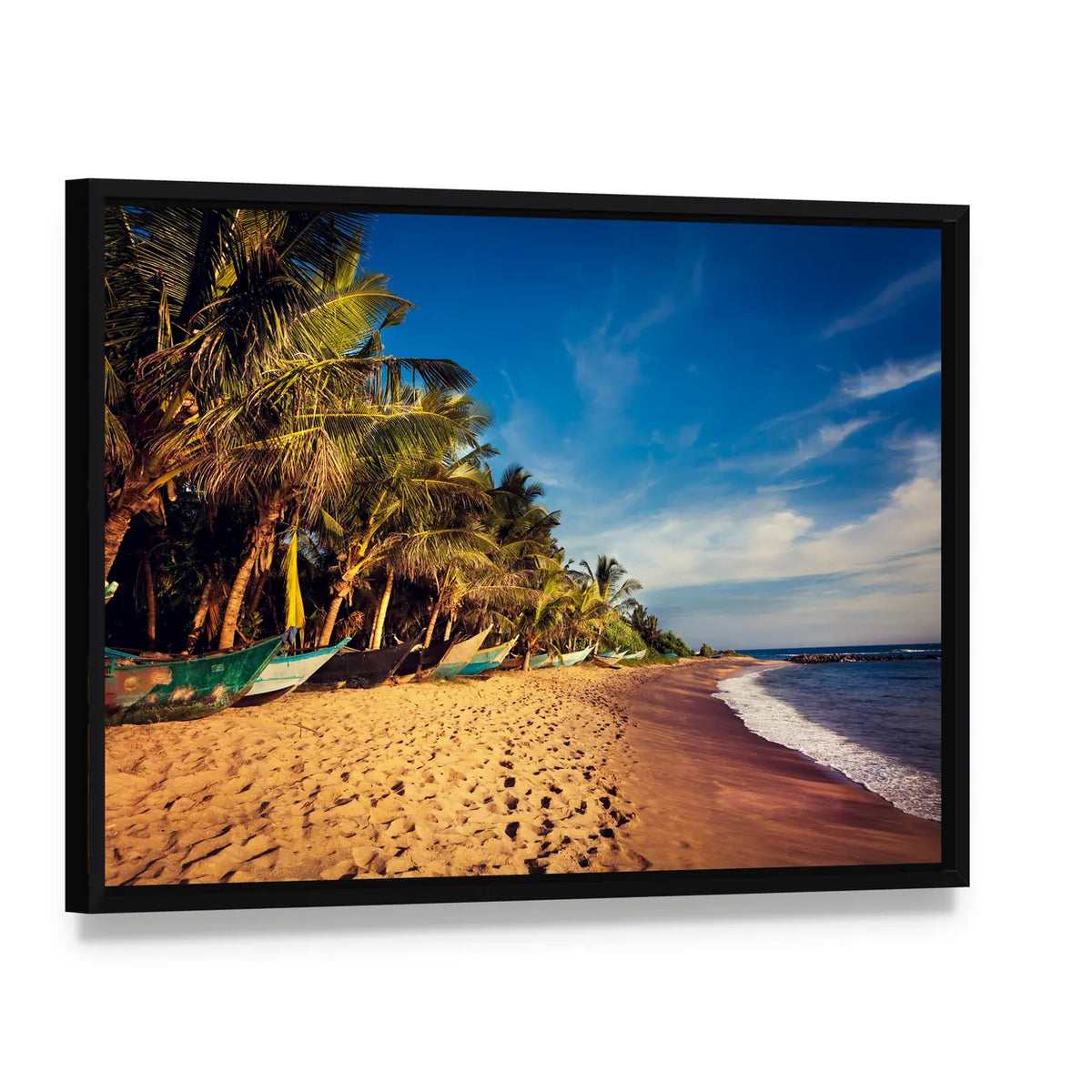 Boats On A Tropical Beach In Mirissa South Sri Lanka Canvas Wall Art, framed canvas in a black floater frame, angled product view