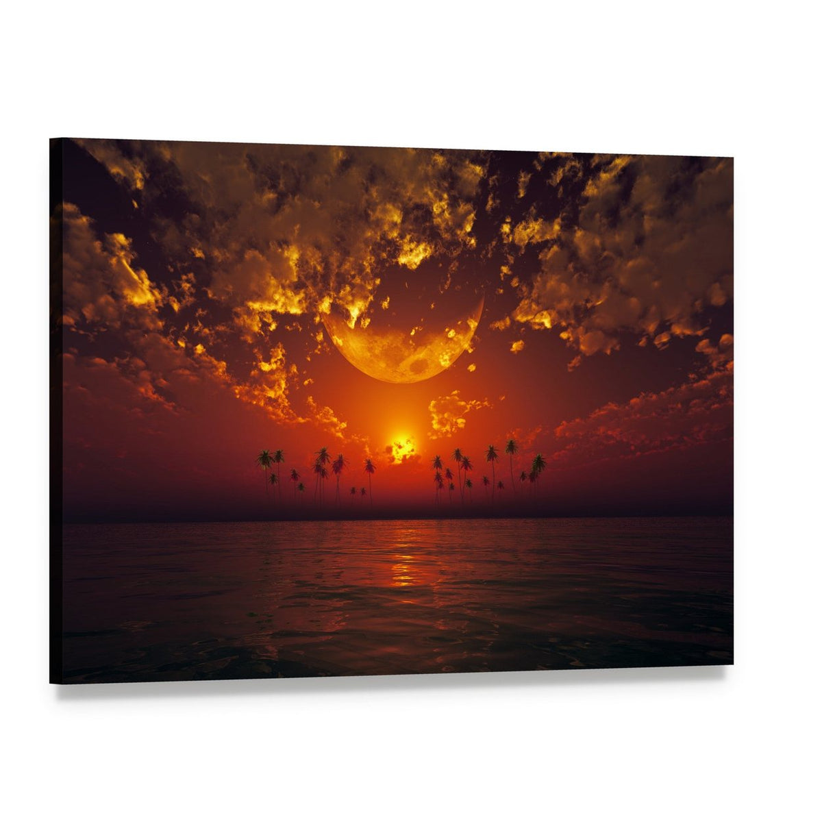 Moon Over Tropical Sunset with Palms Canvas Wall Art, single panel gallery wrapped canvas, angled product view