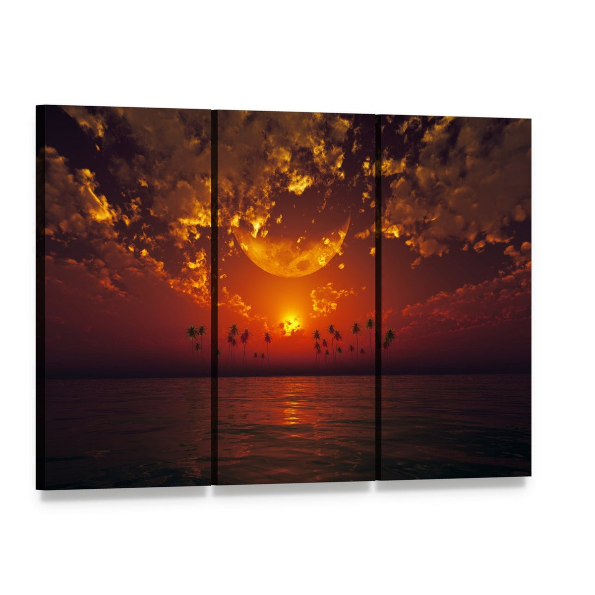 Moon Over Tropical Sunset with Palms Canvas Wall Art, 3 panel 3 Horizontal layout gallery wrapped canvas set, angled product view