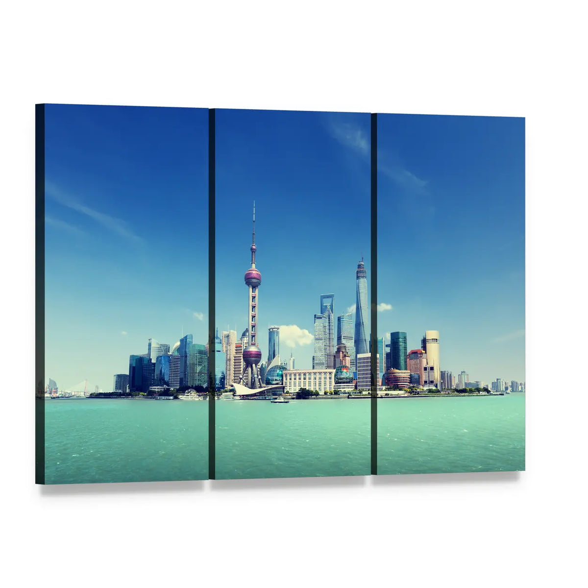 Shanghai Skyline on a Sunny Day Canvas Wall Art, 3 panel 3 Horizontal layout gallery wrapped canvas set, angled product view