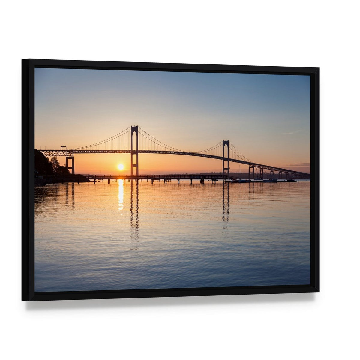 Sunrise Over Newport Bridge Canvas Wall Art, framed canvas in a black floater frame, angled product view