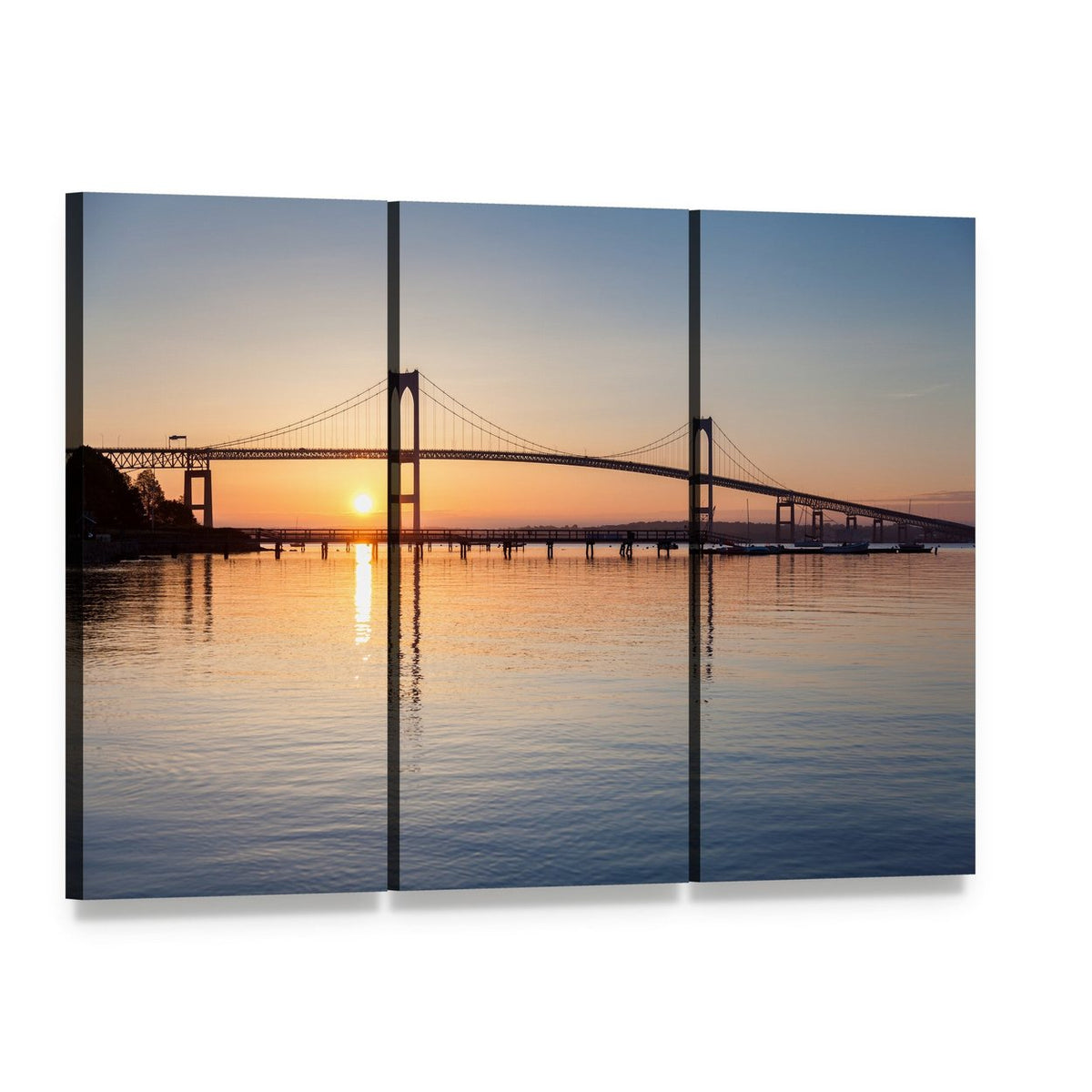 Sunrise Over Newport Bridge Canvas Wall Art, 3 panel 3 Horizontal layout gallery wrapped canvas set, angled product view