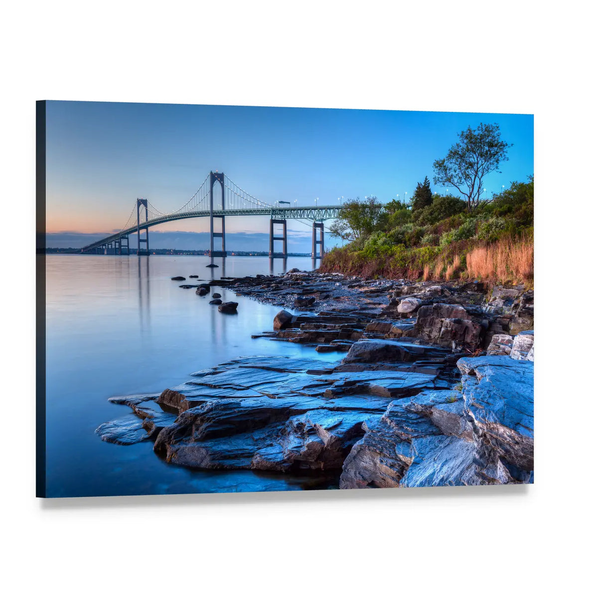 Newport Bridge Over Rocky Shore Canvas Wall Art, single panel gallery wrapped canvas, angled product view