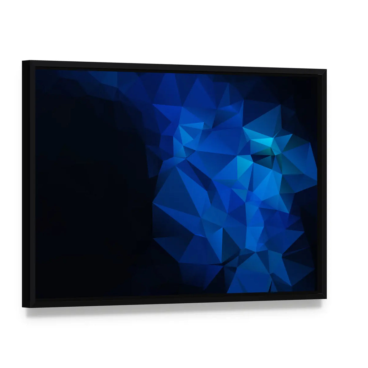 Blue Low-poly Geometric Artwork Canvas Wall Art, framed canvas in a black floater frame, angled product view