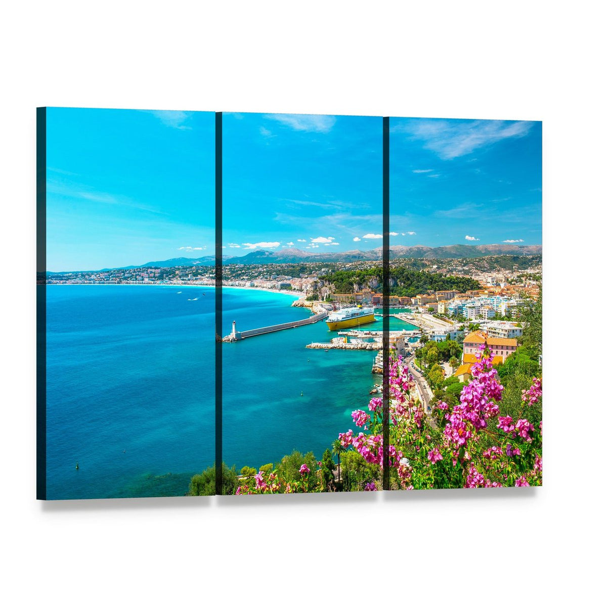 Mediterranean Harbor with Turquoise Sea Canvas Wall Art, 3 panel 3 Horizontal layout gallery wrapped canvas set, angled product view