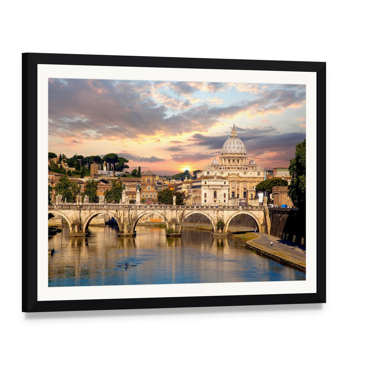Basilica Di San Pietro with Bridge Canvas Wall Art, framed print with white mat and black frame, angled product view