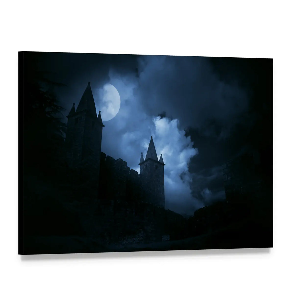 Misty Medieval Castle Under Full Moon Canvas Wall Art, single panel gallery wrapped canvas, angled product view