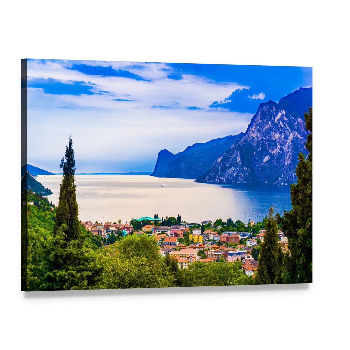 Lago Di Garda Lakeside Town Canvas Wall Art, single panel gallery wrapped canvas, angled product view