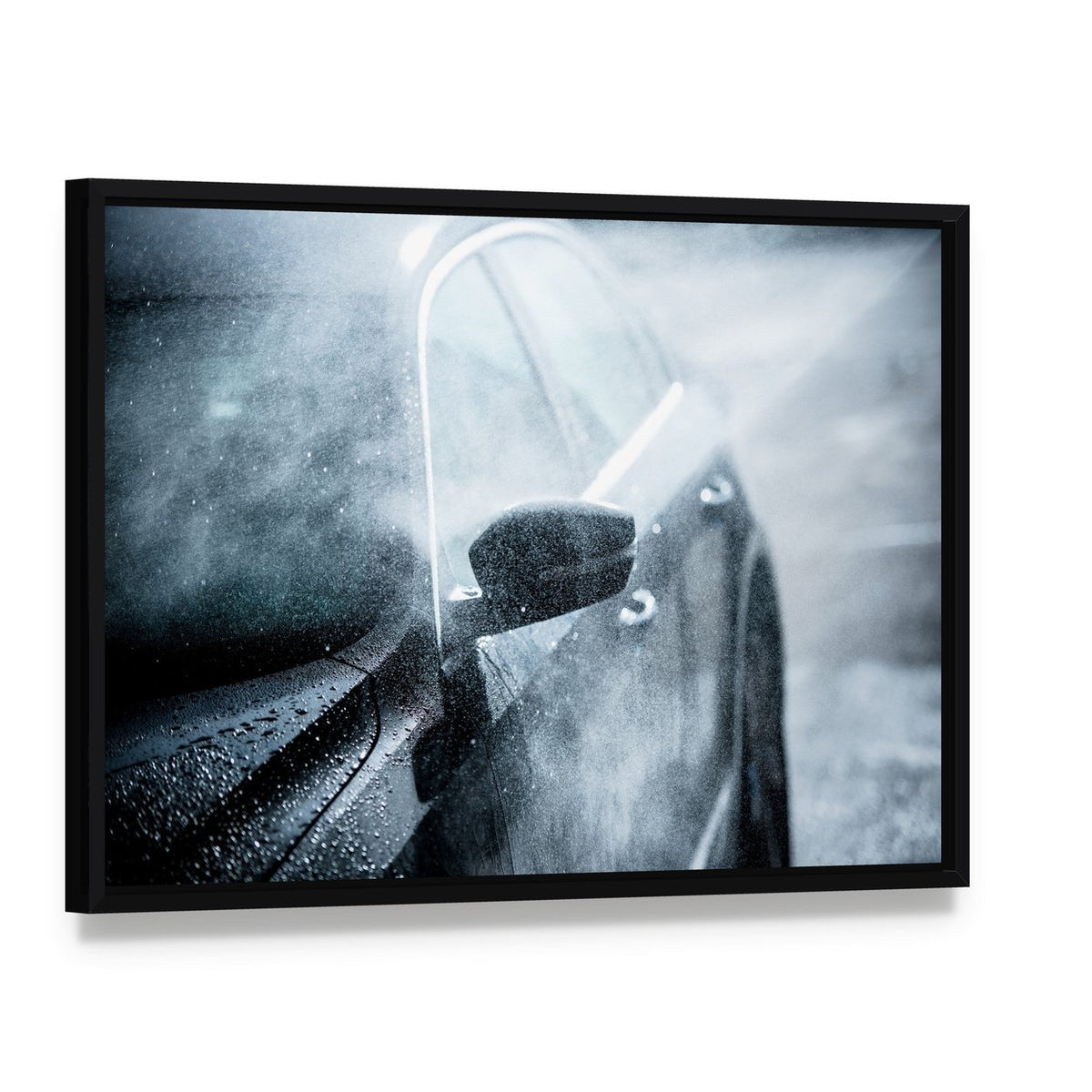 Car Covered by Water Canvas Wall Art, framed canvas in a black floater frame, angled product view