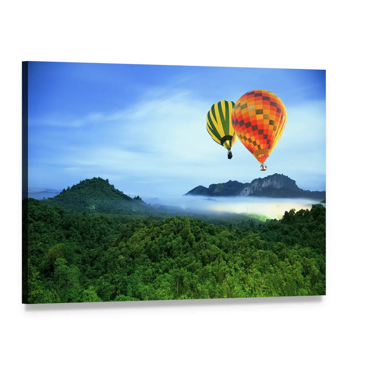 Colorful Hot Air Balloons Over Misty Mountains Canvas Wall Art, single panel gallery wrapped canvas, angled product view