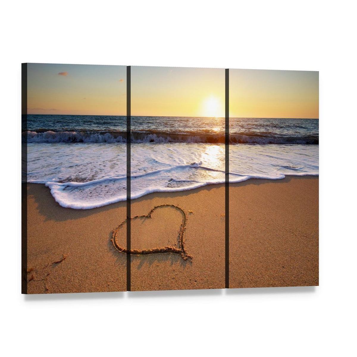 Heart on Beach Canvas Wall Art, 3 panel 3 Horizontal layout gallery wrapped canvas set, angled product view