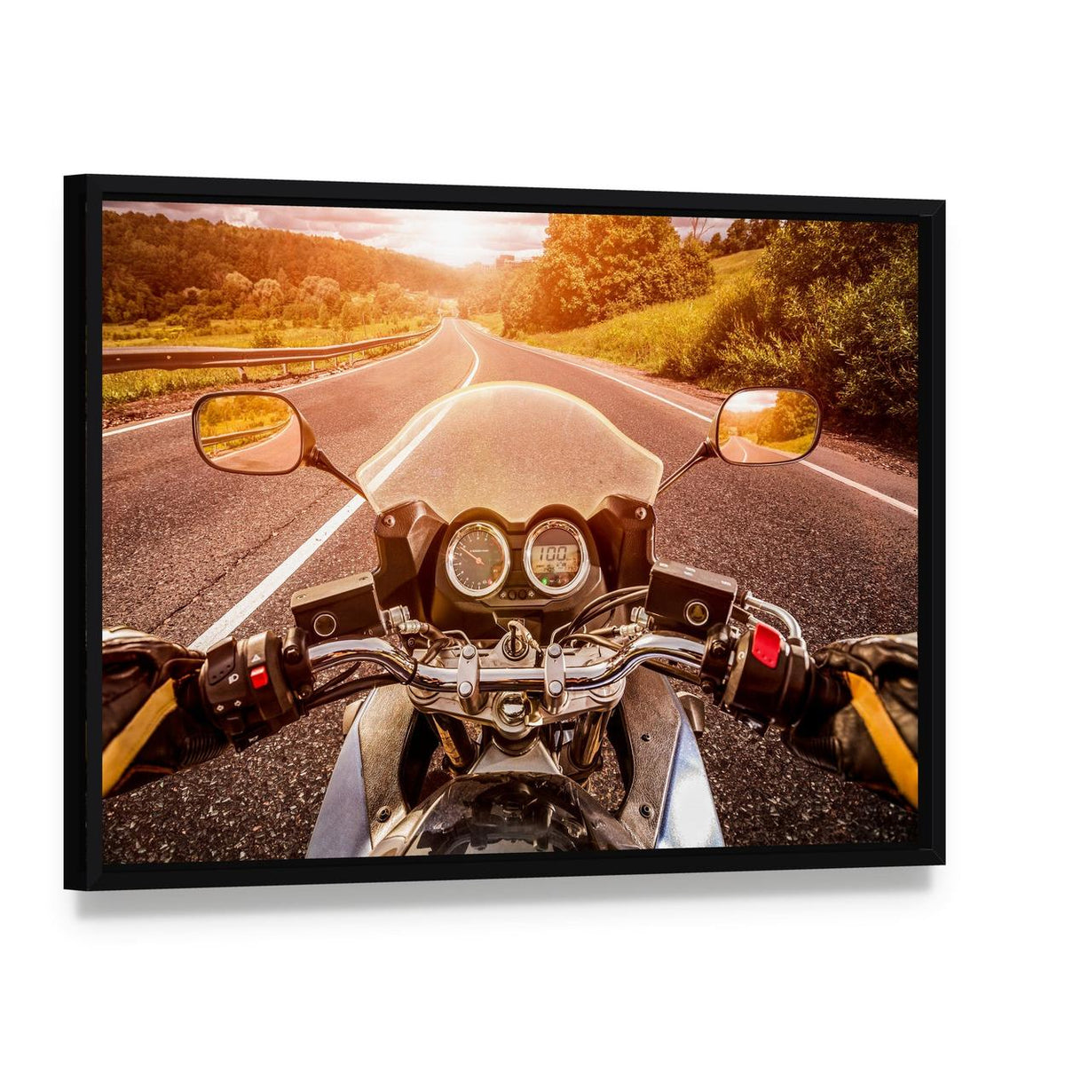 Biker First Person View Canvas Wall Art, framed canvas in a black floater frame, angled product view