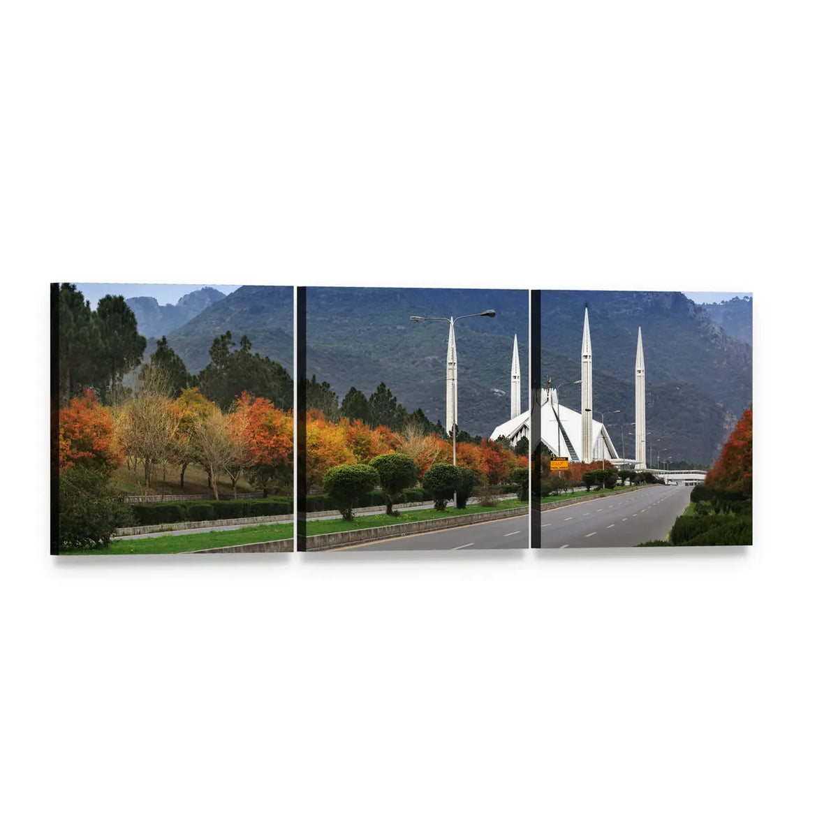 Shah Faisal Mosque Islamabad Panoramic Canvas Wall Art, 3 panel 3 Piece layout gallery wrapped canvas set, angled product view