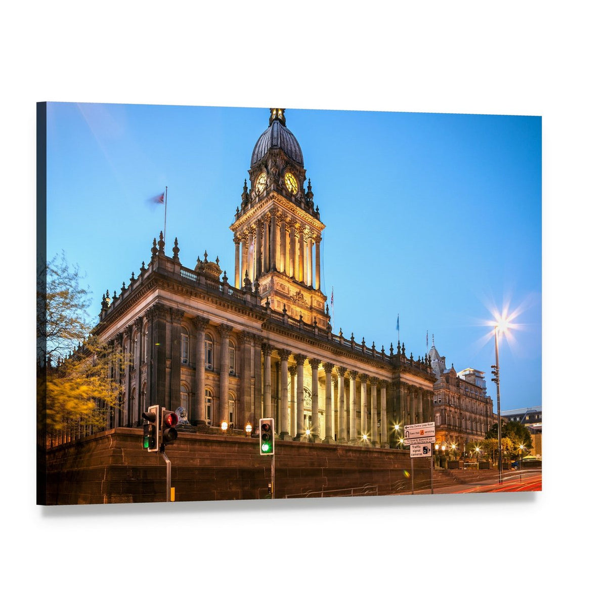 Illuminated Leeds Town Hall at Dusk Canvas Wall Art, single panel gallery wrapped canvas, angled product view