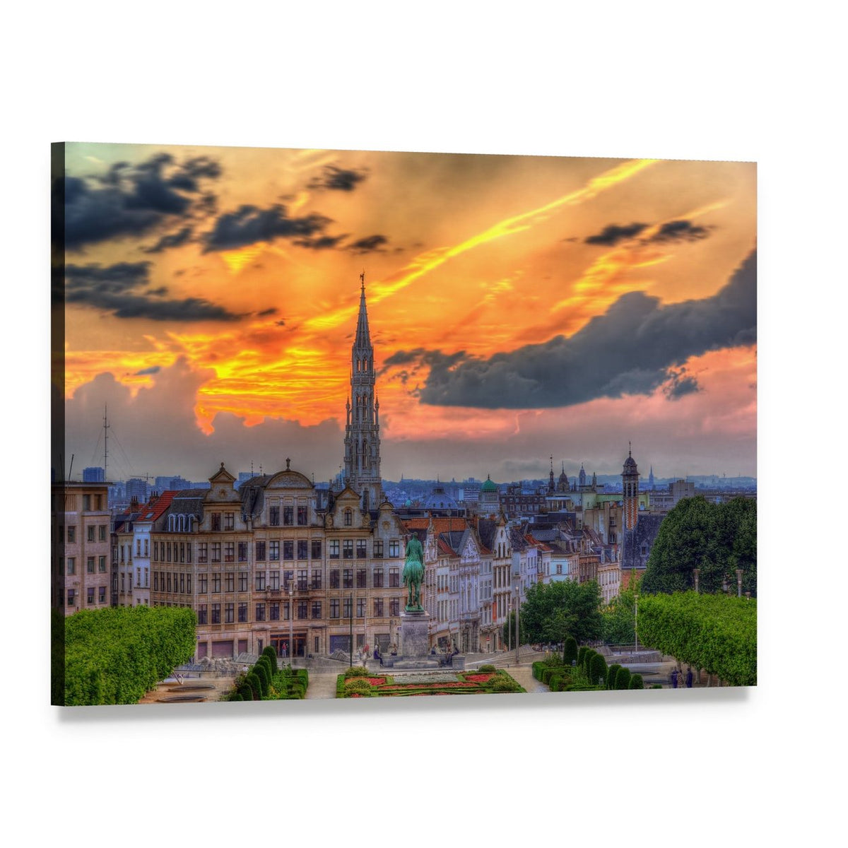 Dramatic View of Brussels at Sunset Canvas Wall Art, single panel gallery wrapped canvas, angled product view