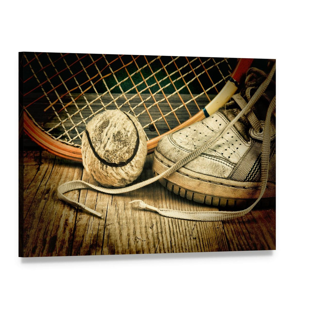 Tennis Ball and Racket with Sneakers Canvas Wall Art, single panel gallery wrapped canvas, angled product view