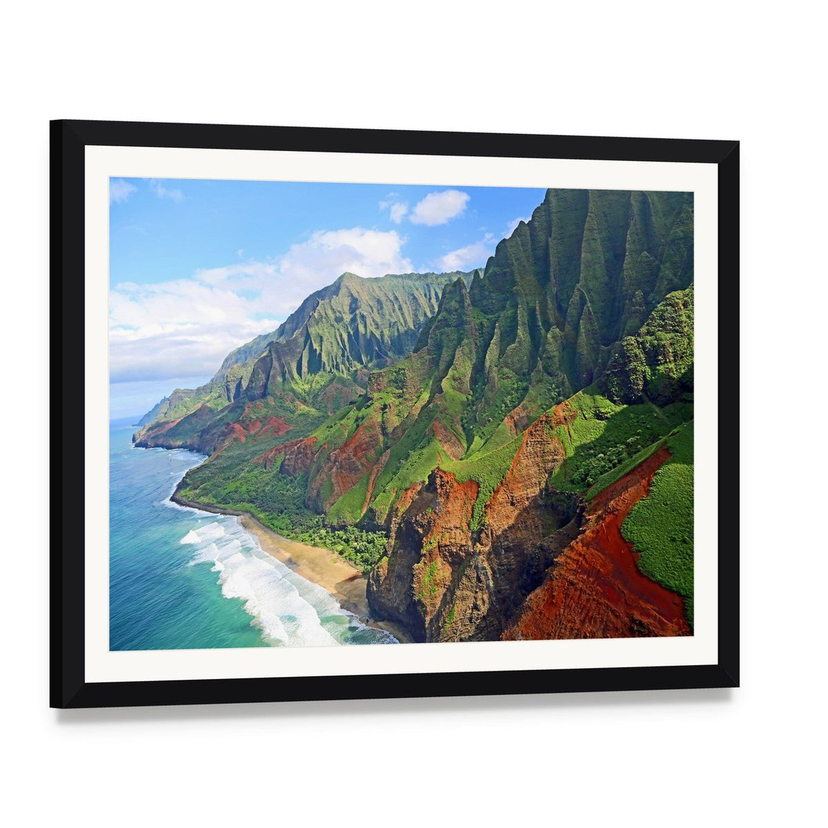 Na Pali Coast Cliffs, Hawaii Canvas Wall Art, framed print with white mat and black frame, angled product view