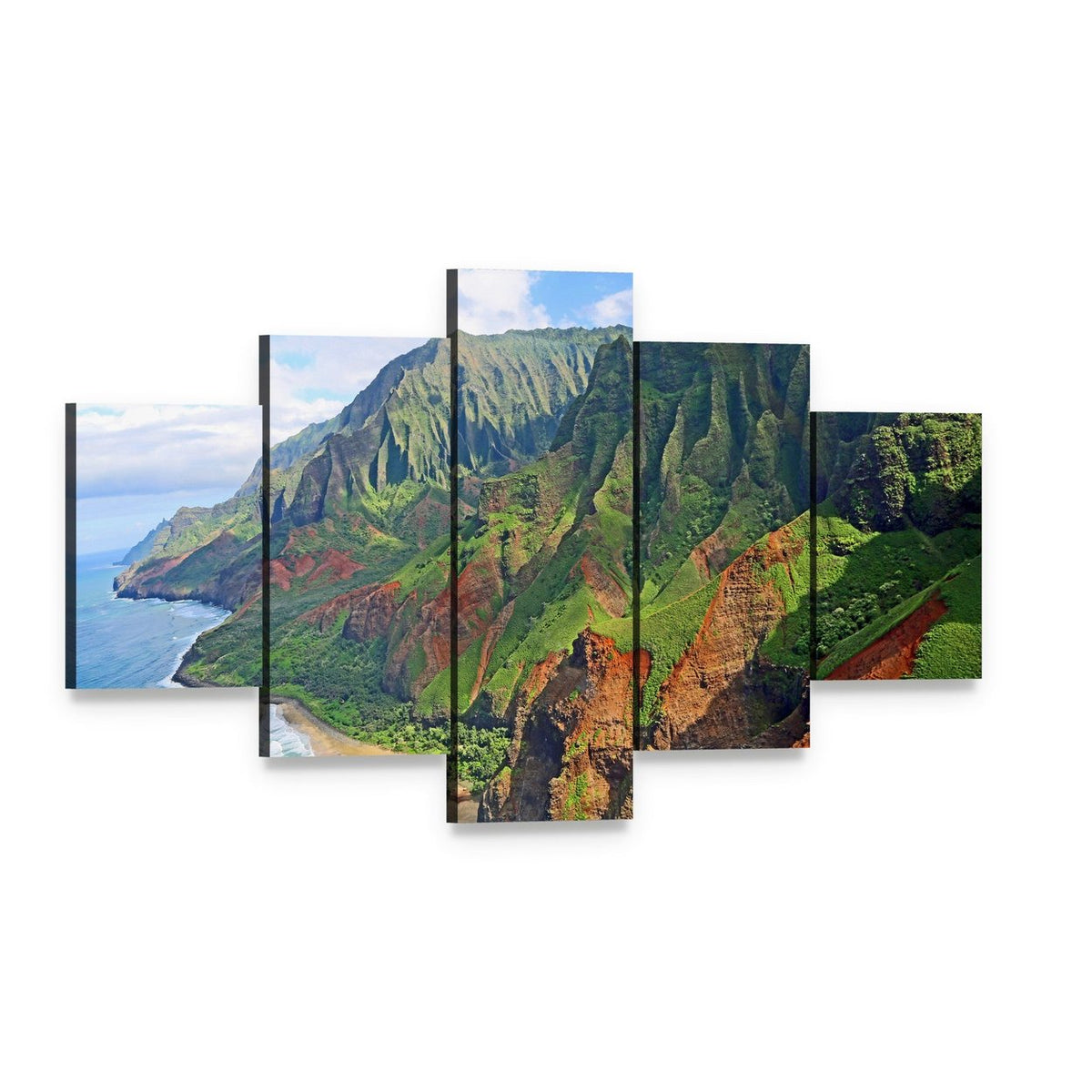 Na Pali Coast Cliffs, Hawaii Canvas Wall Art, 5 panel 5 Star layout gallery wrapped canvas set, angled product view