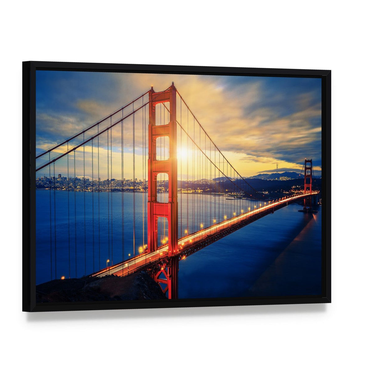 Golden Gate Bridge at Sunset Canvas Wall Art, framed canvas in a black floater frame, angled product view