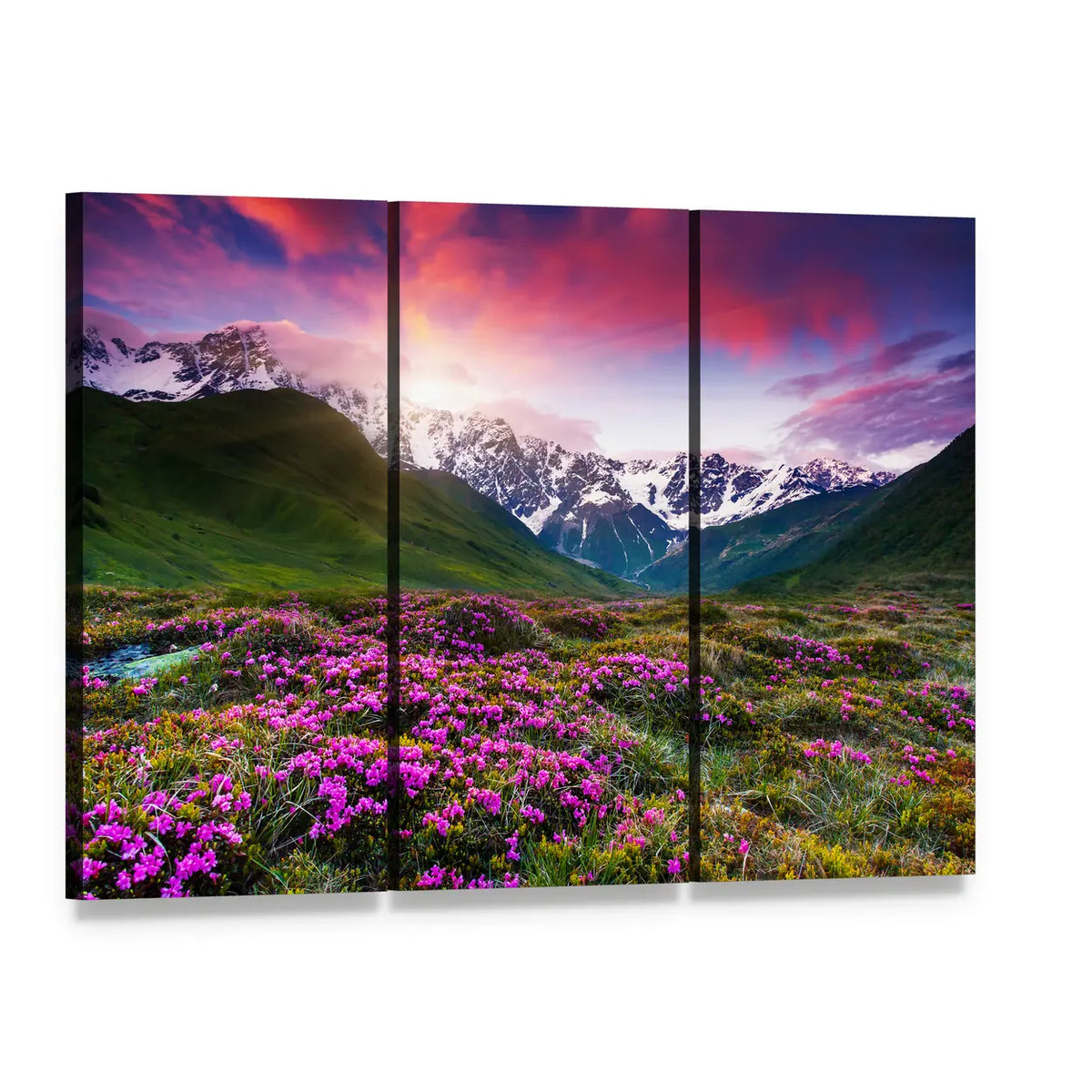 Sunset at Mt Shkhara Canvas Wall Art, 3 panel 3 Horizontal layout gallery wrapped canvas set, angled product view