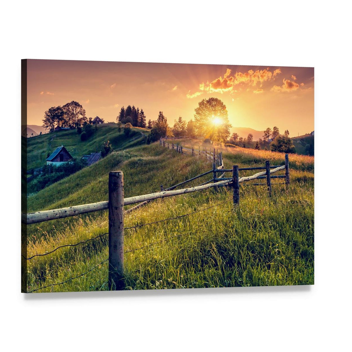 Sunset Farmhouse with Wooden Fence Canvas Wall Art, single panel gallery wrapped canvas, angled product view