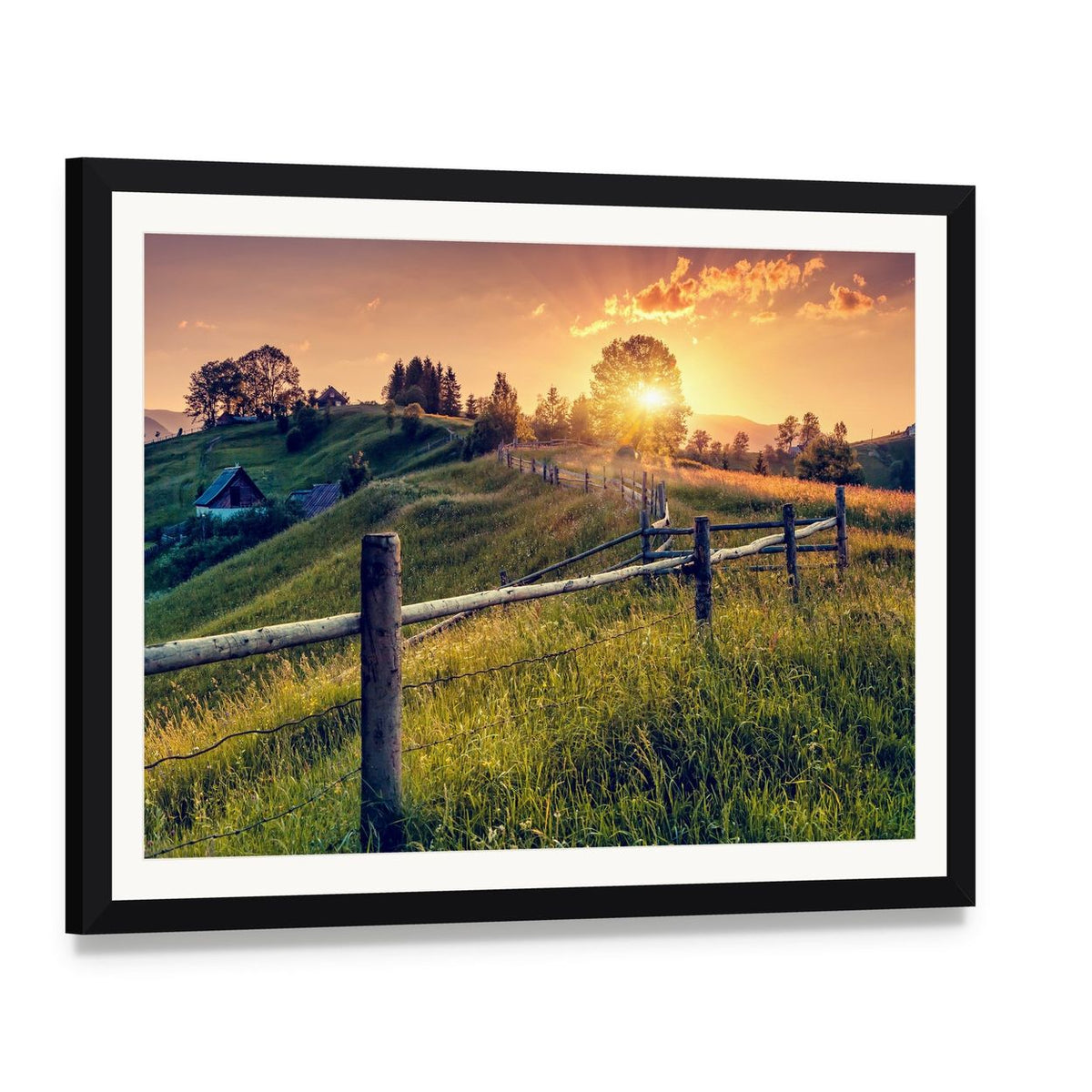 Sunset Farmhouse with Wooden Fence Canvas Wall Art, framed print with white mat and black frame, angled product view