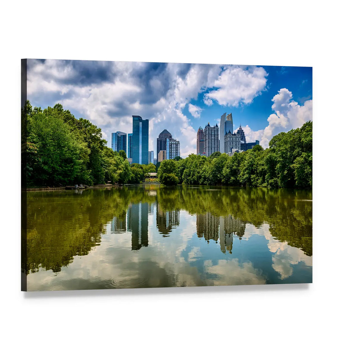City Skyline Reflected in Park Lake Canvas Wall Art, single panel gallery wrapped canvas, angled product view
