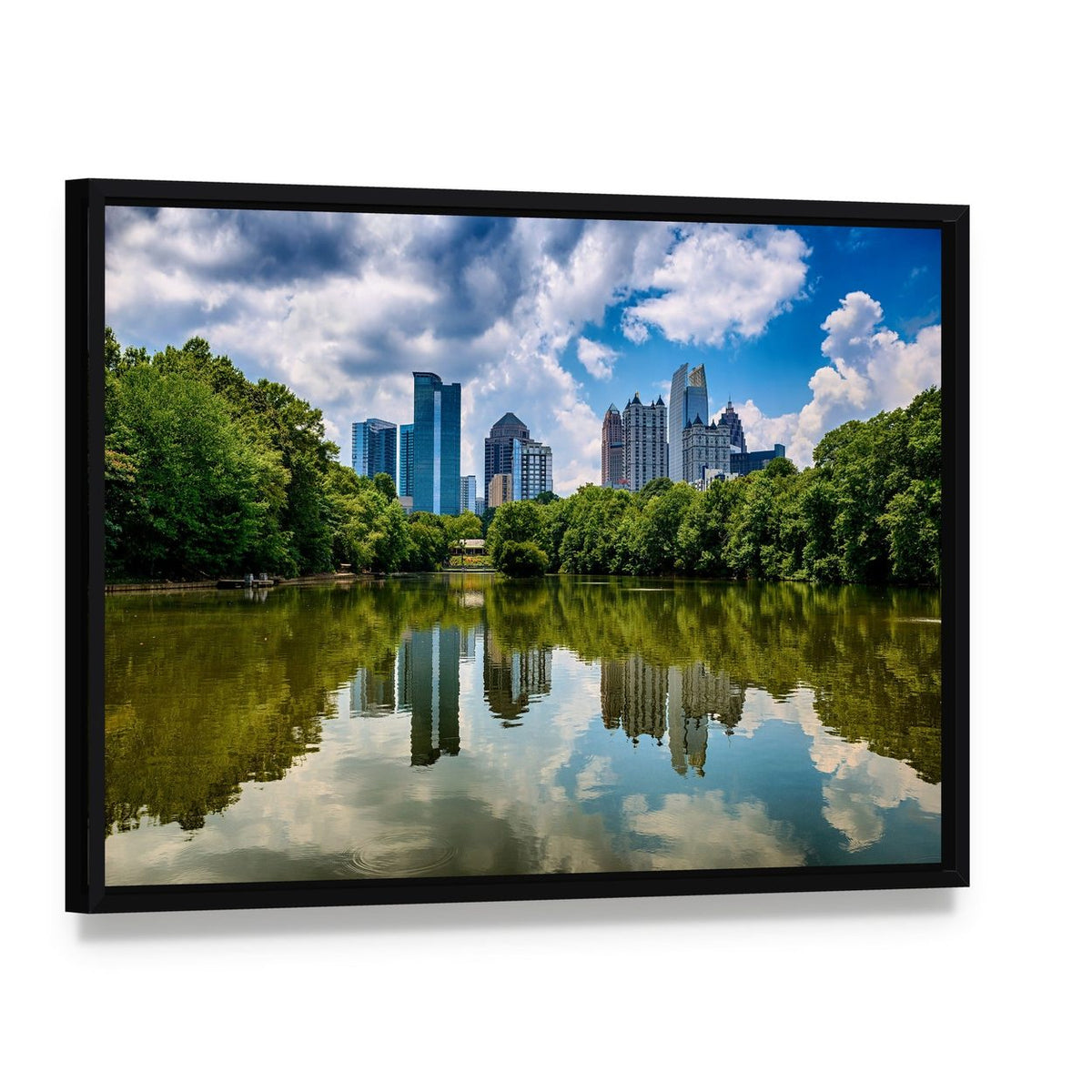 Downtown Atlanta Skyline Canvas Wall Art, framed canvas in a black floater frame, angled product view