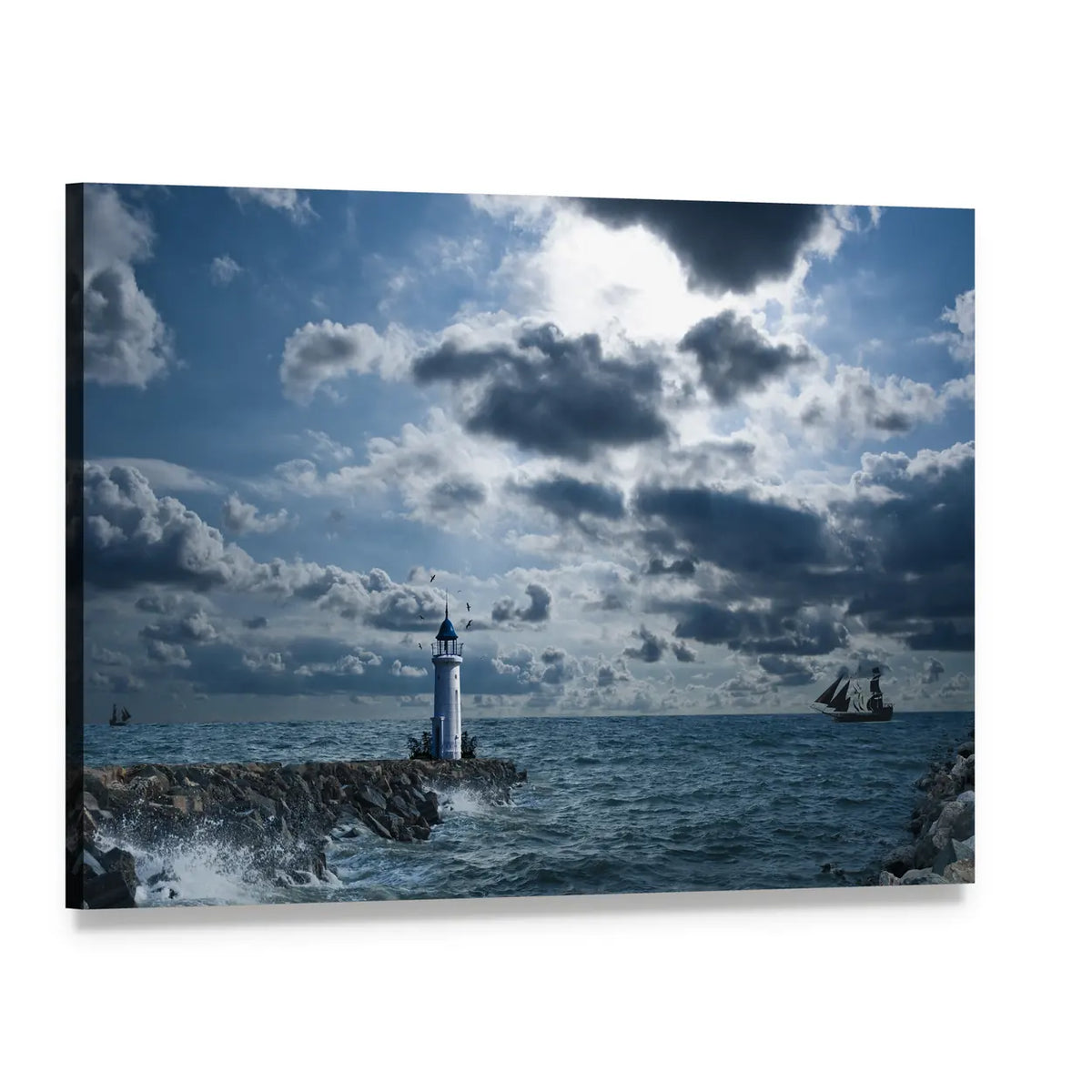Stormy Sea Lighthouse Canvas Wall Art, single panel gallery wrapped canvas, angled product view
