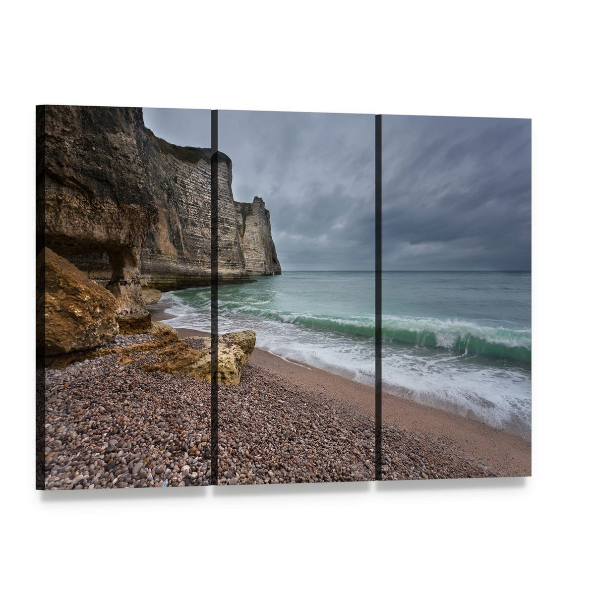 Gloomy Weather on Rocky Coast Canvas Wall Art, 3 panel 3 Horizontal layout gallery wrapped canvas set, angled product view