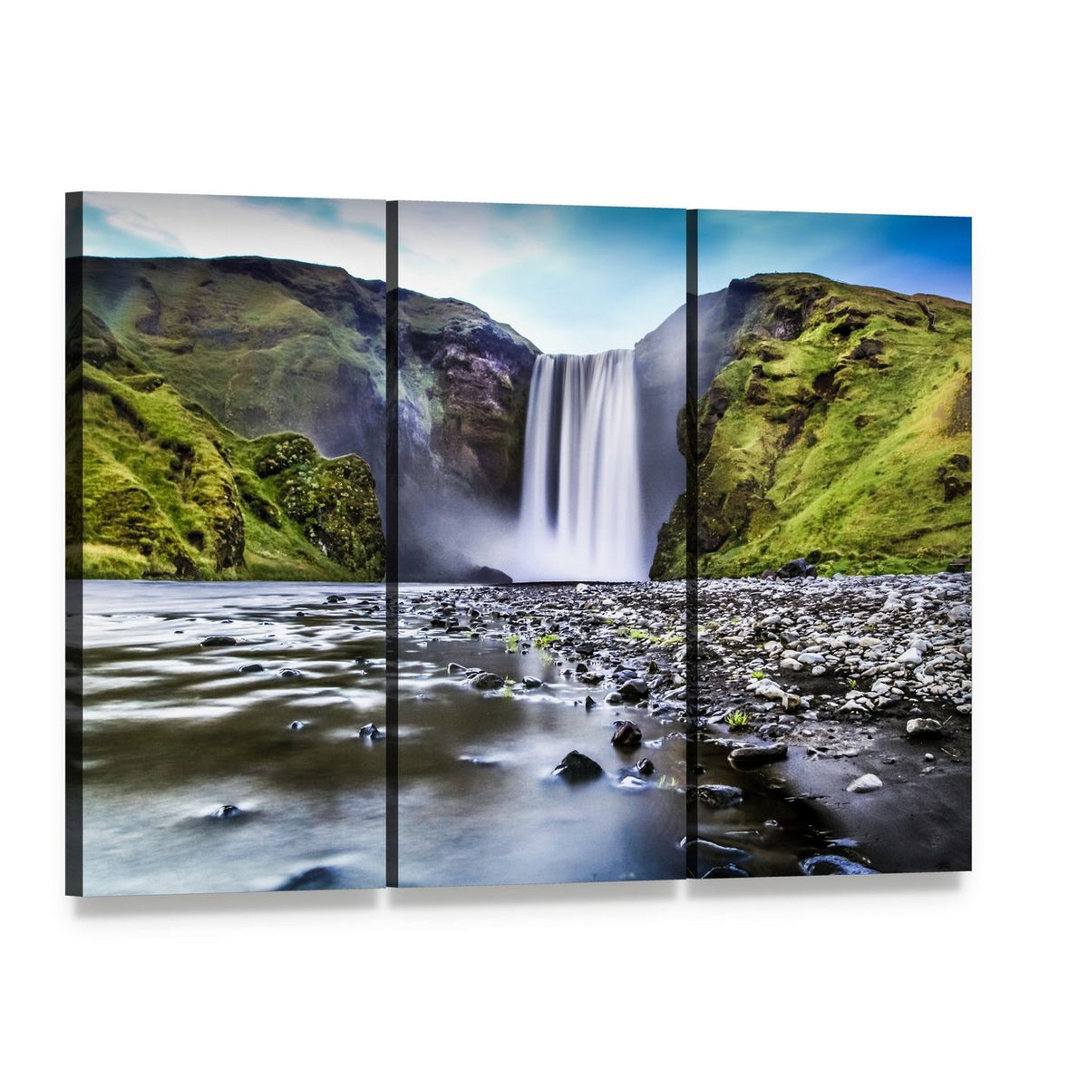 Skogafoss Waterfall, Iceland Canvas Wall Art, 3 panel 3 Horizontal layout gallery wrapped canvas set, angled product view