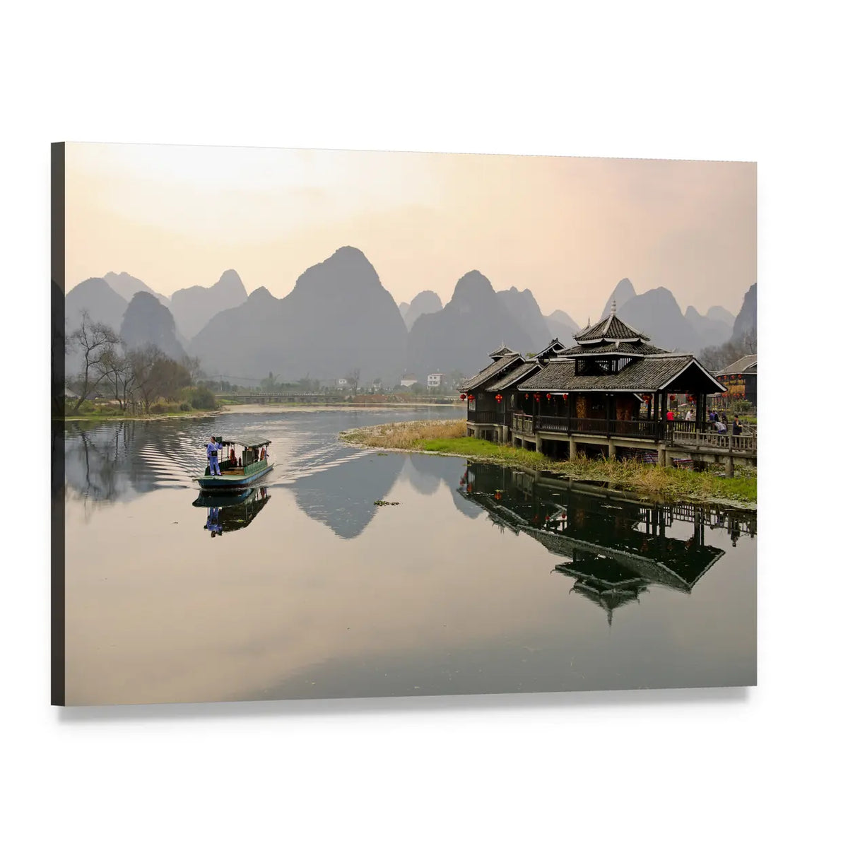 Yangshuo Karst River with Boatman Canvas Wall Art, single panel gallery wrapped canvas, angled product view