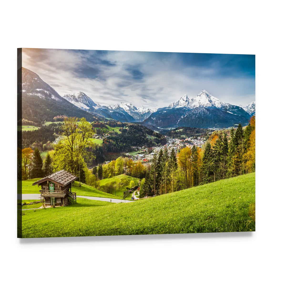 Bavarian Alpine Village with Snow-capped Peaks Canvas Wall Art, single panel gallery wrapped canvas, angled product view