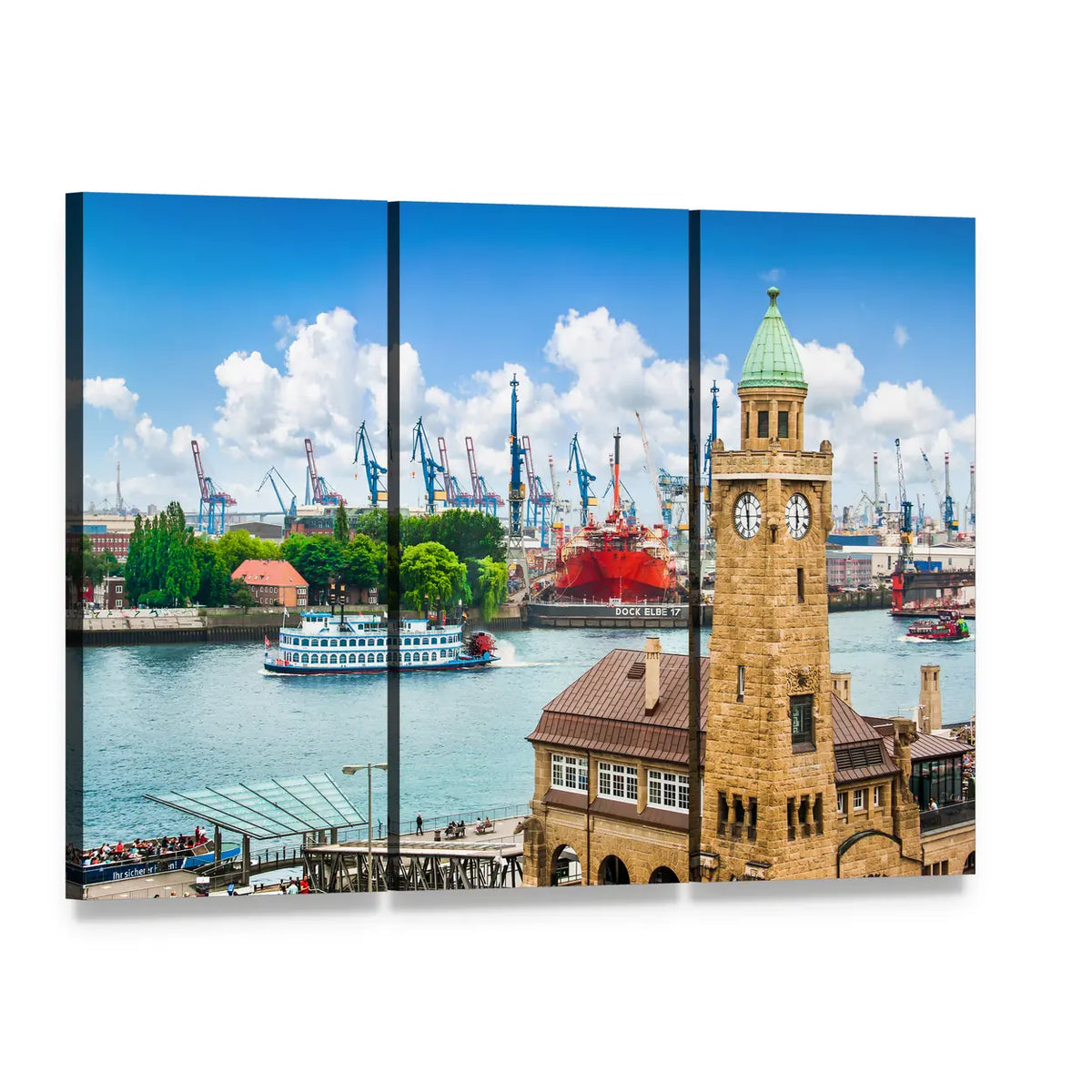 Paddle Steamer on Elbe River Canvas Wall Art, 3 panel 3 Horizontal layout gallery wrapped canvas set, angled product view