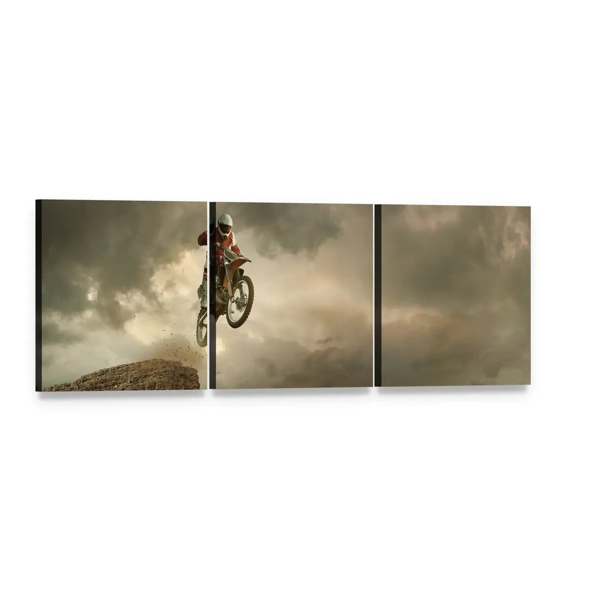 Motocross Rider Mid-air Jump Panoramic Canvas Wall Art, 3 panel 3 Piece layout gallery wrapped canvas set, angled product view