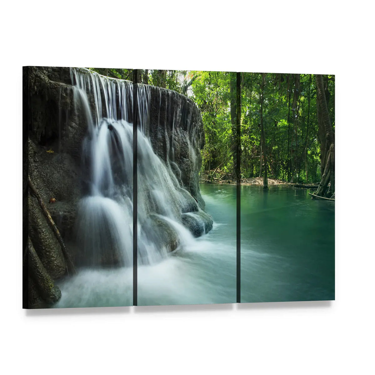 Lime Stone Waterfall Canvas Wall Art, 3 panel 3 Horizontal layout gallery wrapped canvas set, angled product view