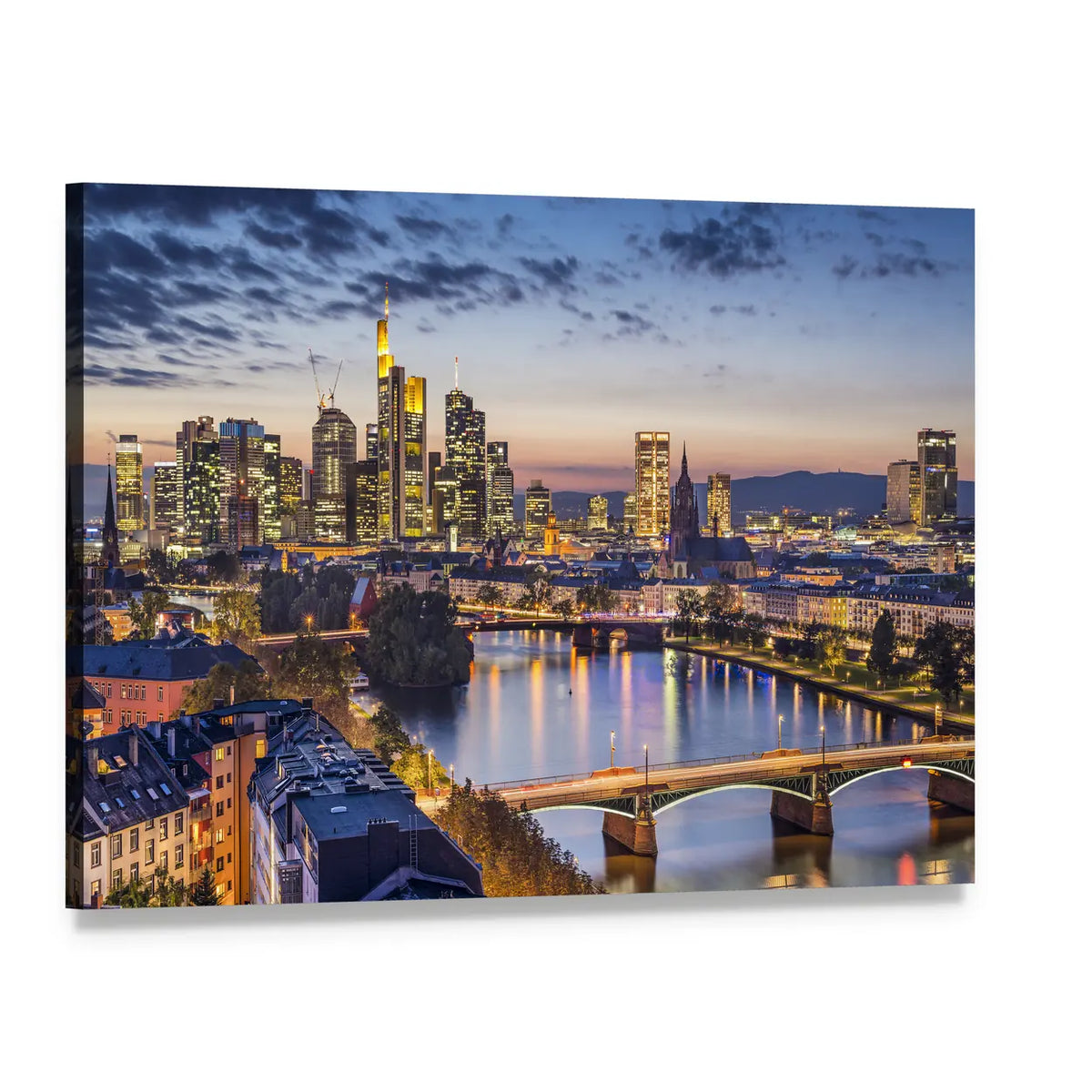 Frankfurt Financial District Skyline Canvas Wall Art, single panel gallery wrapped canvas, angled product view