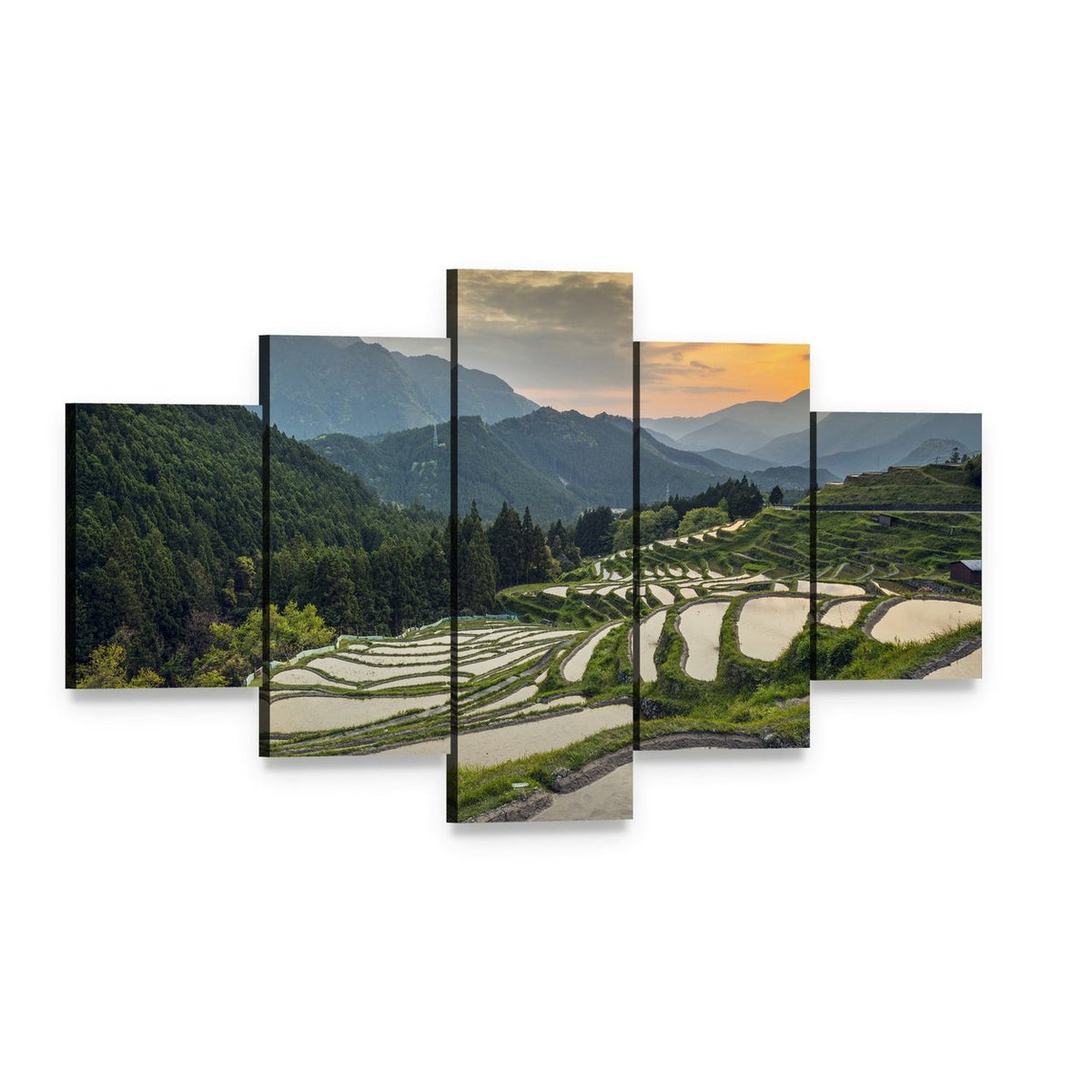 Japanese Rice Terraces Canvas Wall Art, 5 panel 5 Star layout gallery wrapped canvas set, angled product view