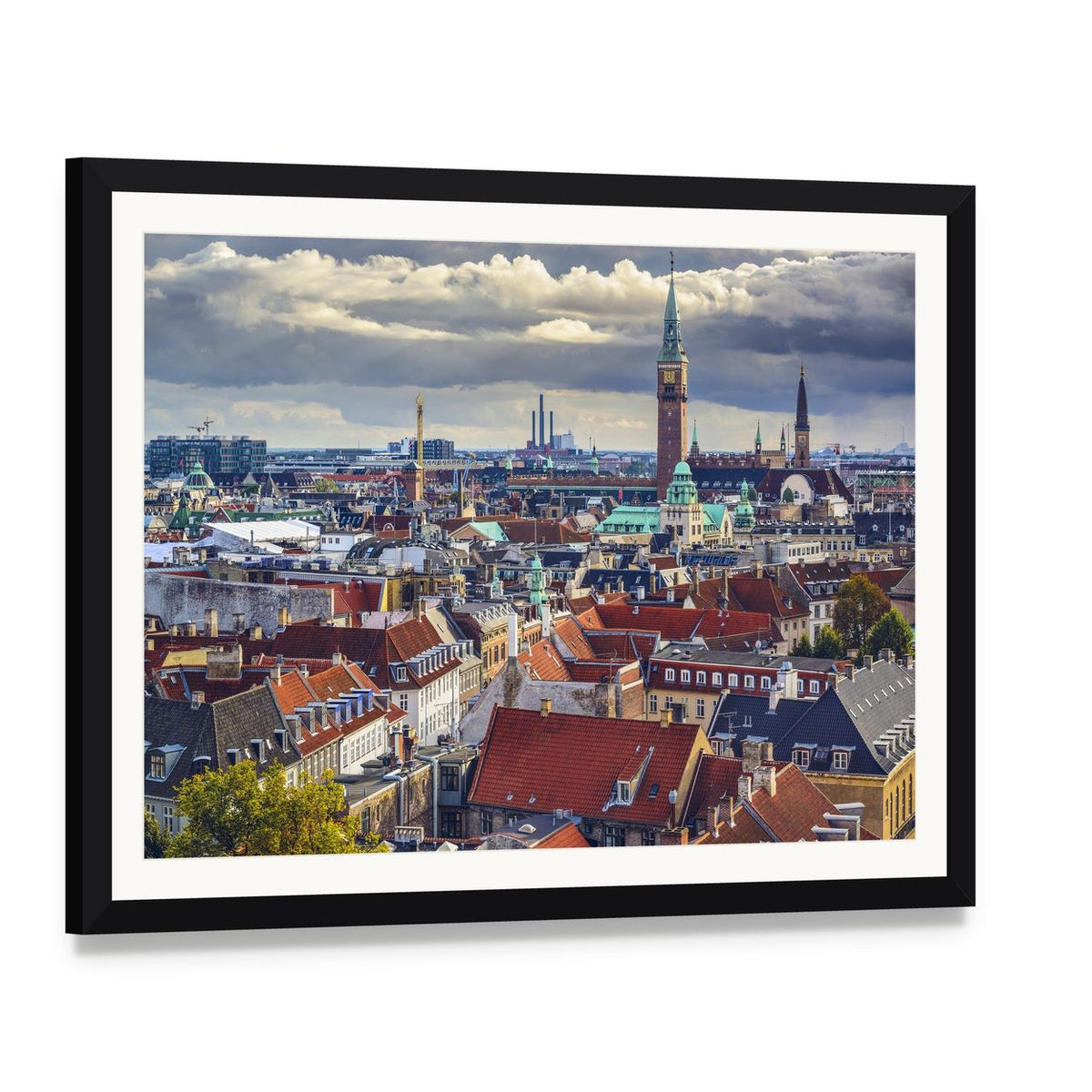 Copenhagen City Skyline in Cloudy Day Canvas Wall Art, framed print with white mat and black frame, angled product view