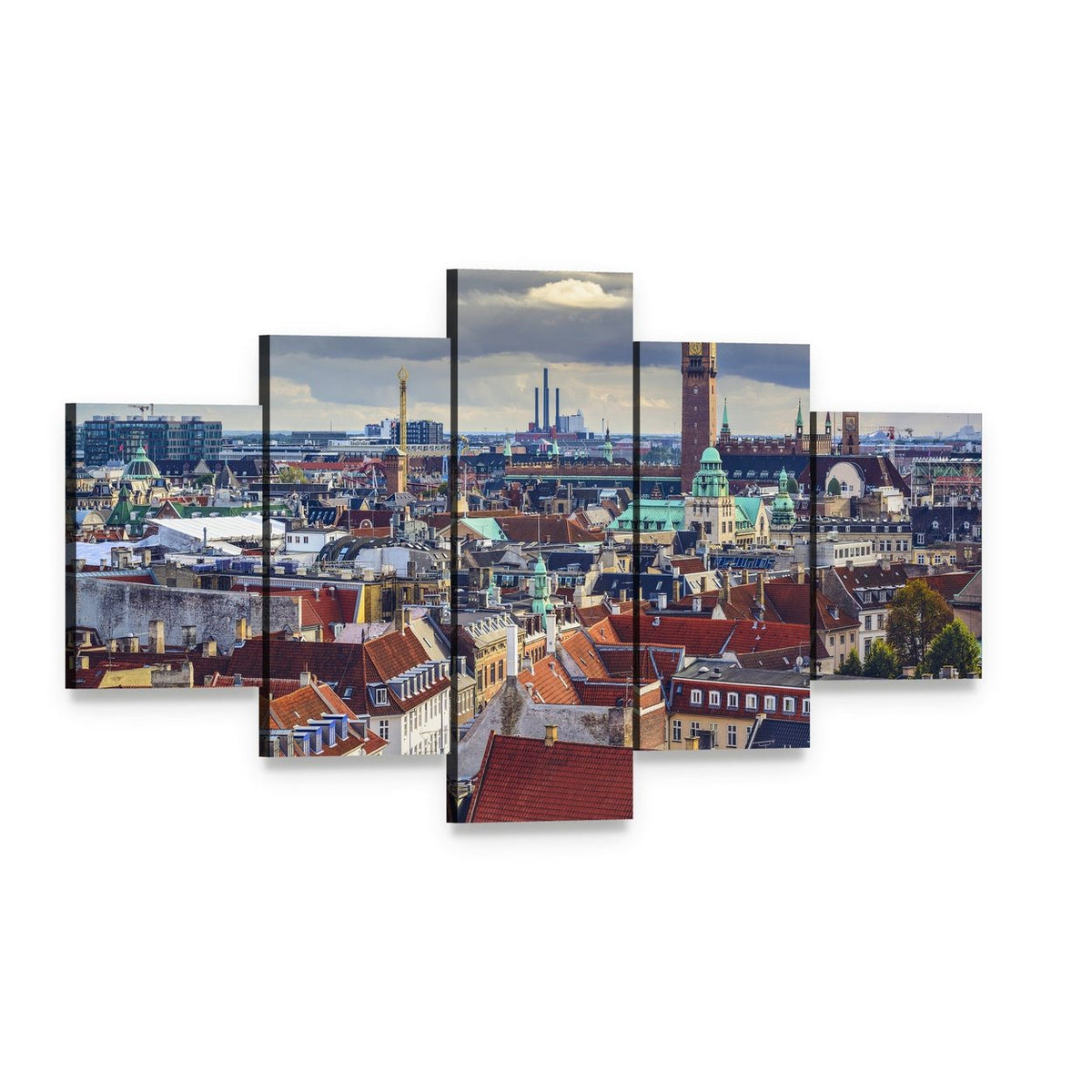 Copenhagen City Skyline in Cloudy Day Canvas Wall Art, 5 panel 5 Star layout gallery wrapped canvas set, angled product view
