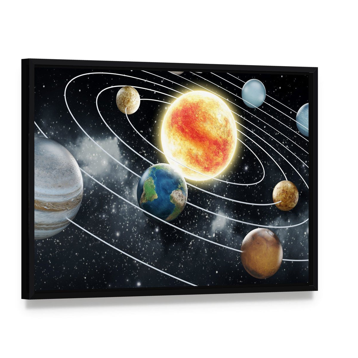 Solar System with Eight Planets Canvas Wall Art, framed canvas in a black floater frame, angled product view