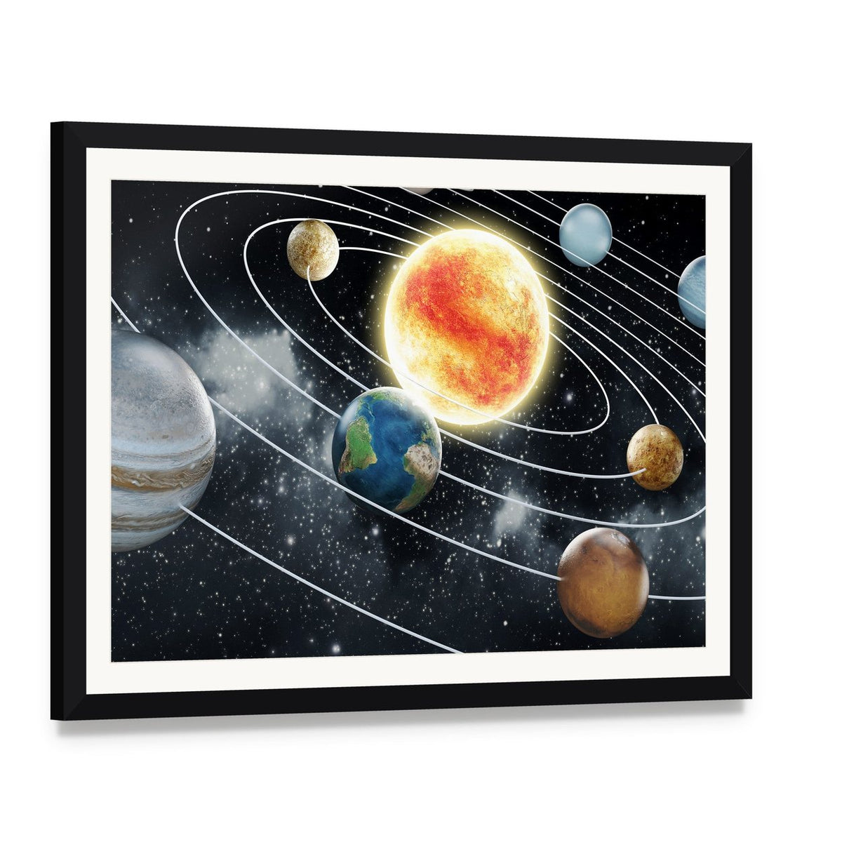 Solar System with Eight Planets Canvas Wall Art, framed print with white mat and black frame, angled product view