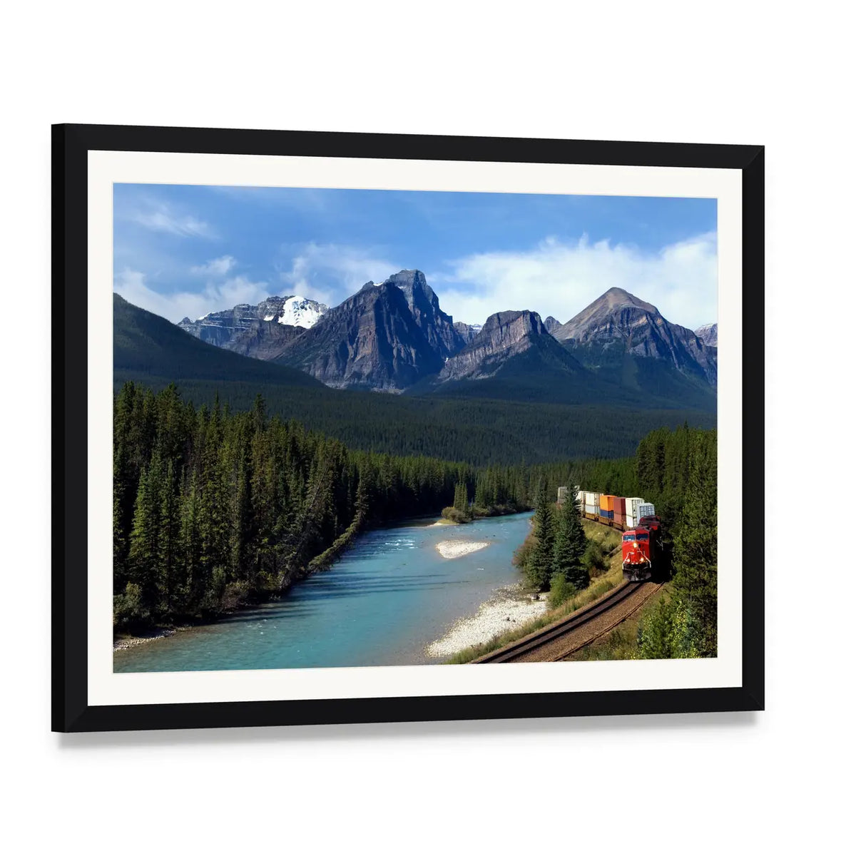 Train Along Bow River Canvas Wall Art, framed print with white mat and black frame, angled product view
