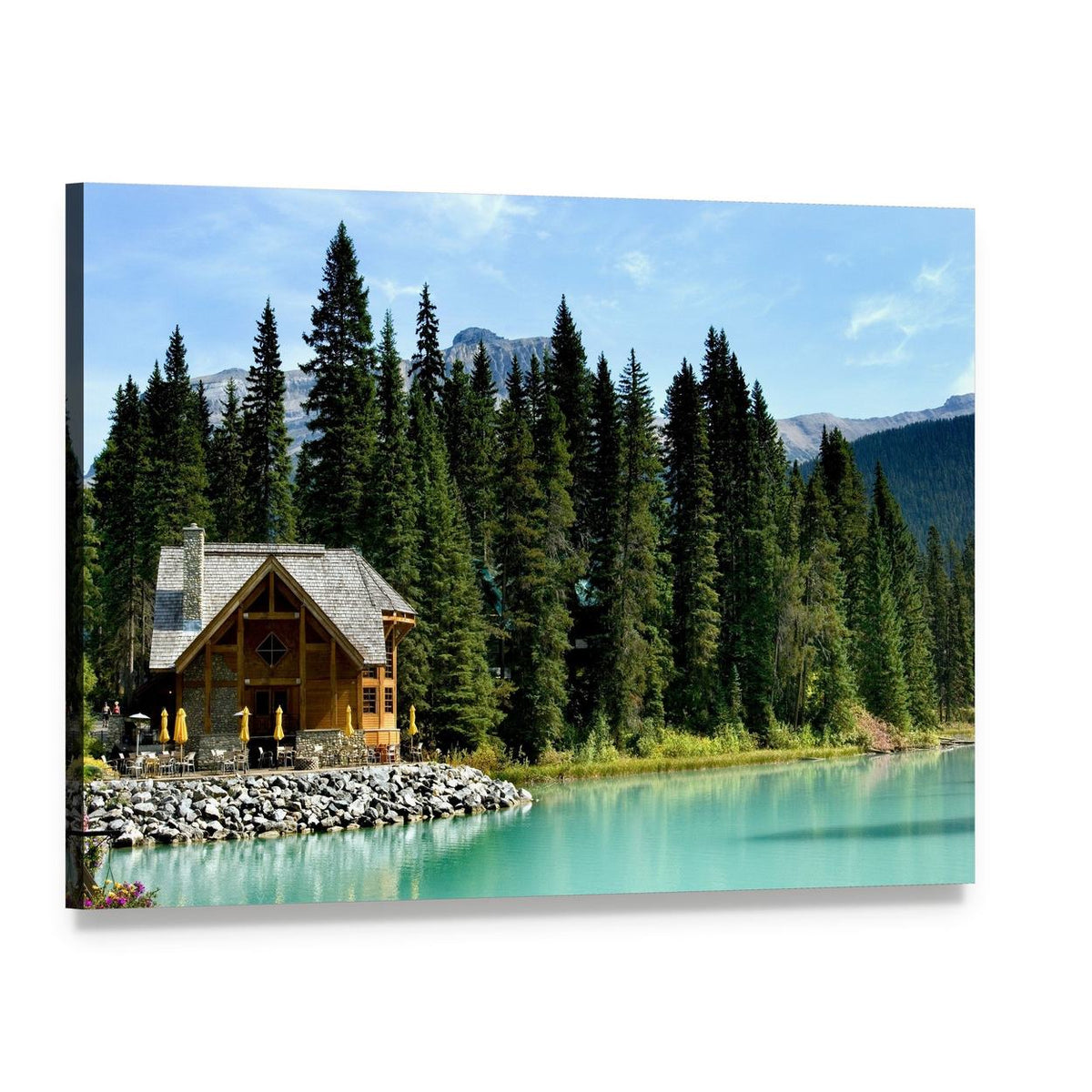 Wooden Retreat on Emerald Lake Canvas Wall Art, single panel gallery wrapped canvas, angled product view