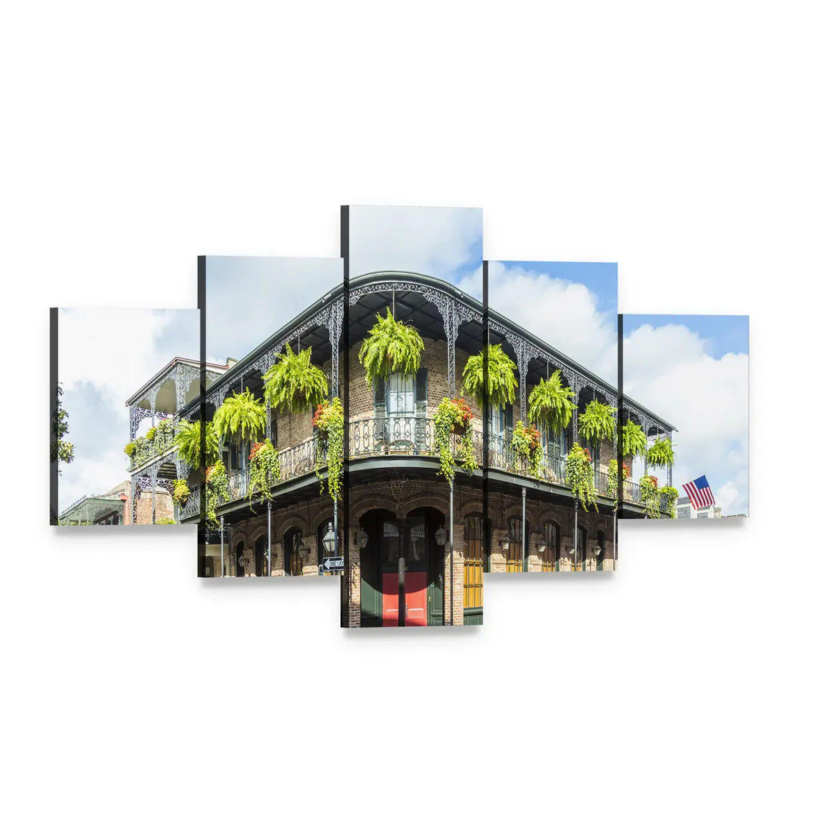 Historic Building with Wrought-iron Balconies and Red Door Canvas Wall Art, 5 panel 5 Star layout gallery wrapped canvas set, angled product view