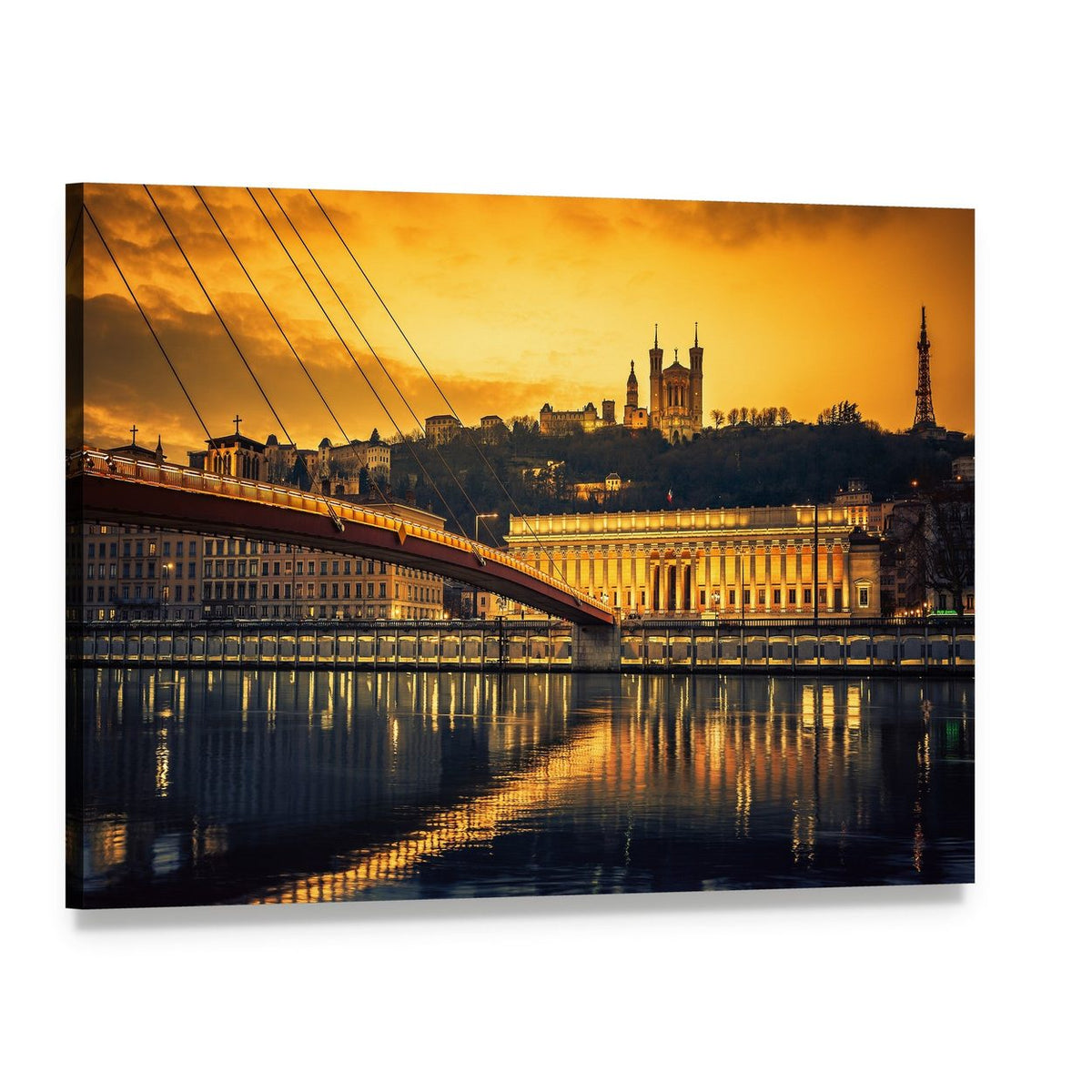 Sunset Bridge with River Reflections Canvas Wall Art, single panel gallery wrapped canvas, angled product view