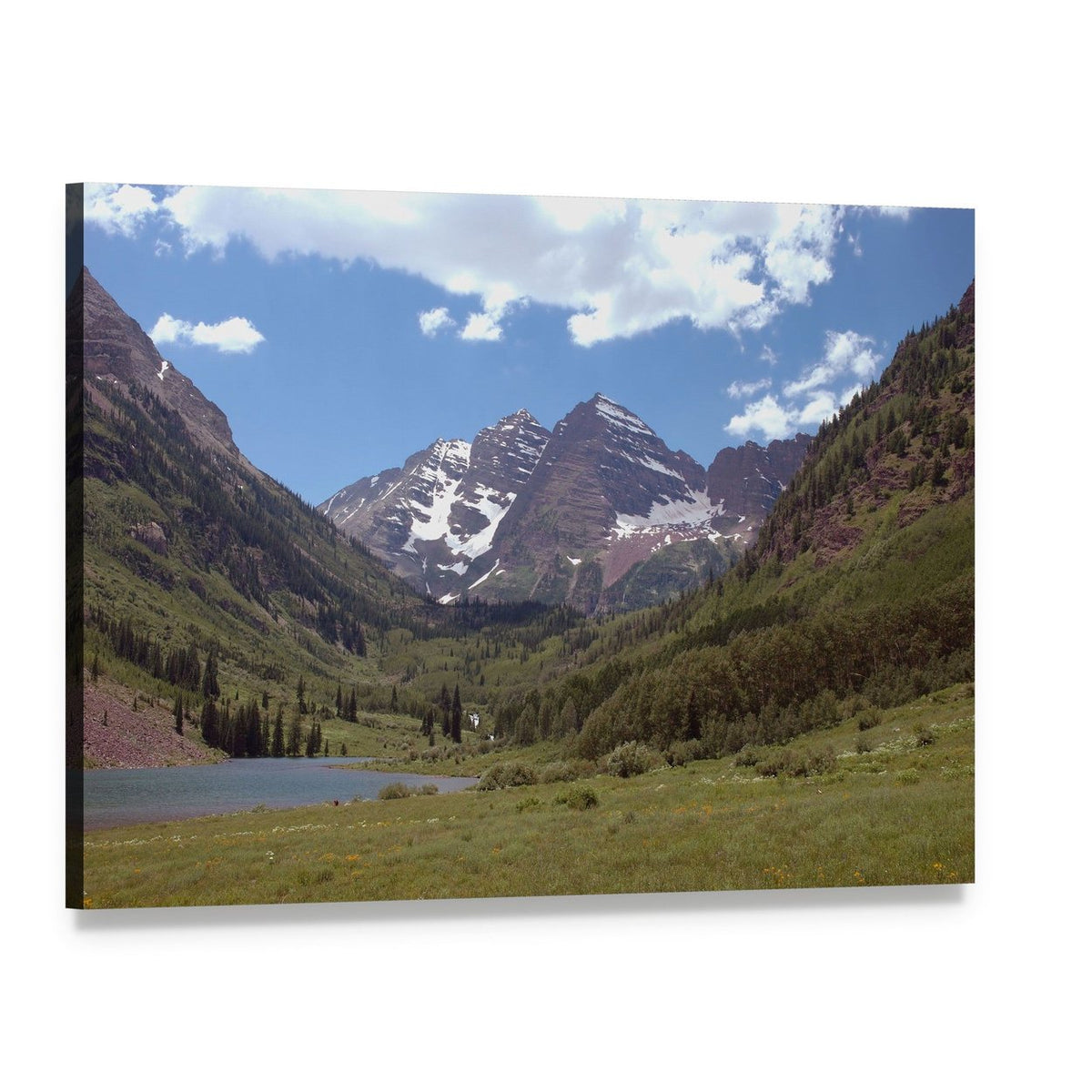 Maroon Bells Reflections in Lake Canvas Wall Art, single panel gallery wrapped canvas, angled product view