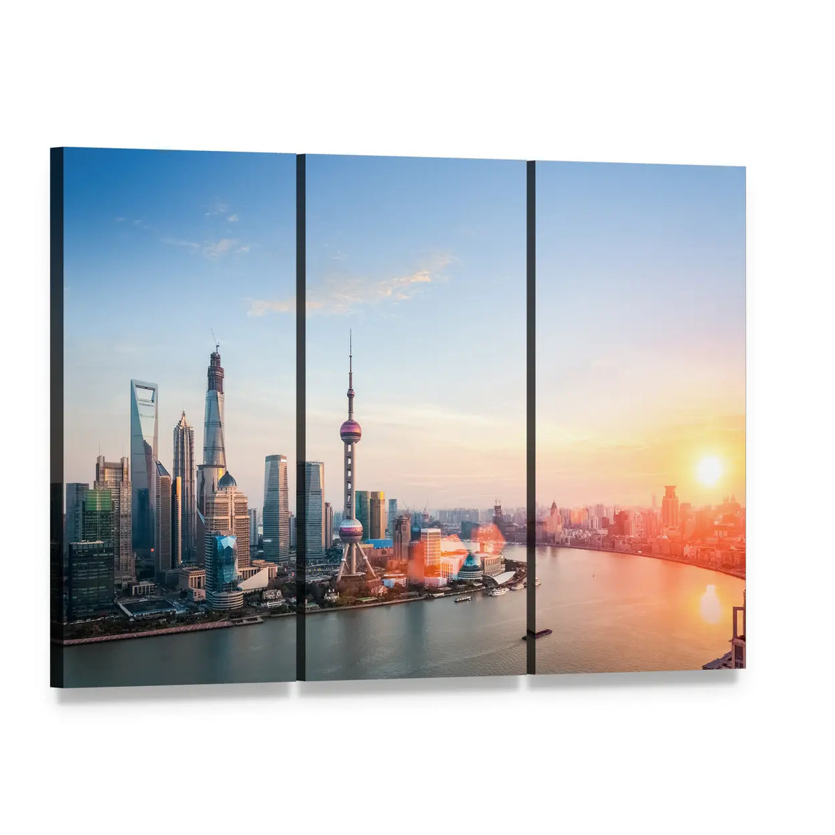 Shanghai Skyline at Dusk Canvas Wall Art, 3 panel 3 Horizontal layout gallery wrapped canvas set, angled product view
